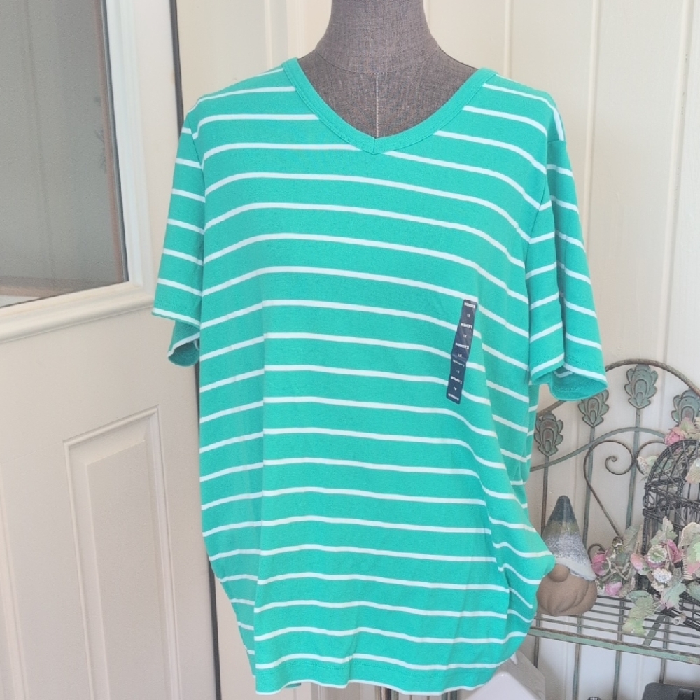 Lands' End Turquoise & White Striped Short Sleeve V-Neck Tee